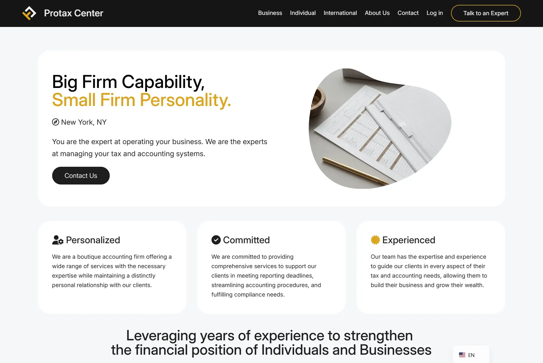 Protax Center website — tax and accounting platform built by Dreamtown Digital